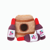 HugSmart Wine Barrel Puzzle Plush Dog Toy with squeaky wine bottle plushies.